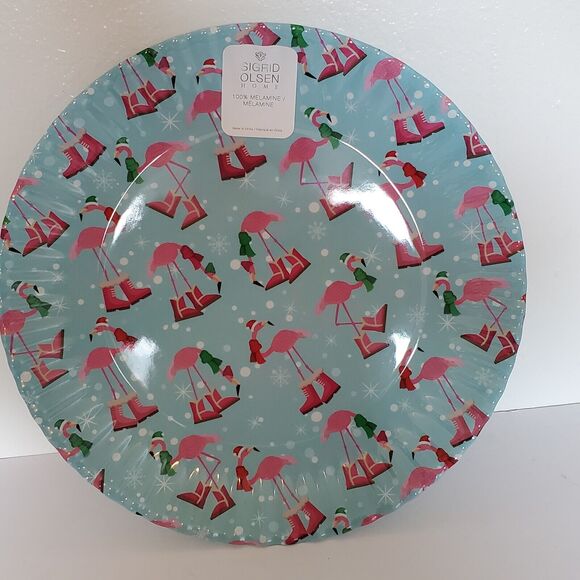 New Sigrid Olsen Melamine Platter Appetizer Serving Blue Pink Flamingo Christmas - Picture 2 of 12